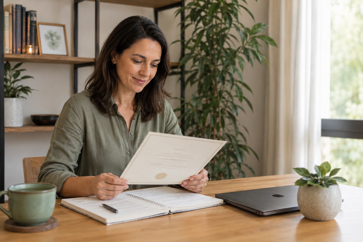 Persona revisando un certificado de curso de Reiki online