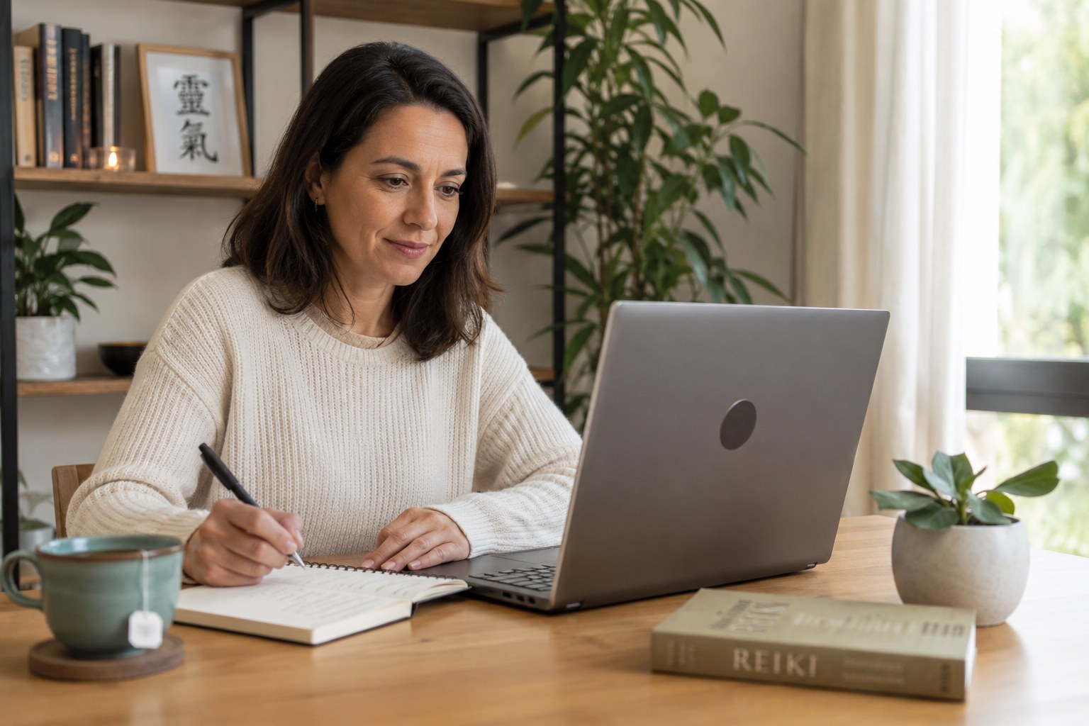 Mujer aprendiendo Reiki online con portátil y cuaderno